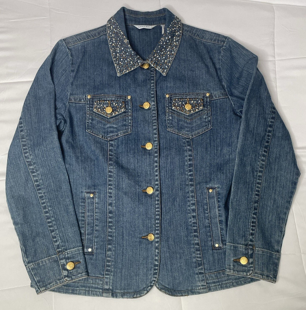 Laura Ashley Denim Jacket Women’s M Studded Rhinestone Collar Pockets